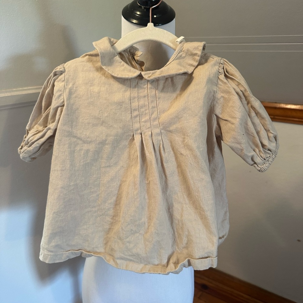 Peter Pan collar linen girls tan vintage inspired smocked Shirt